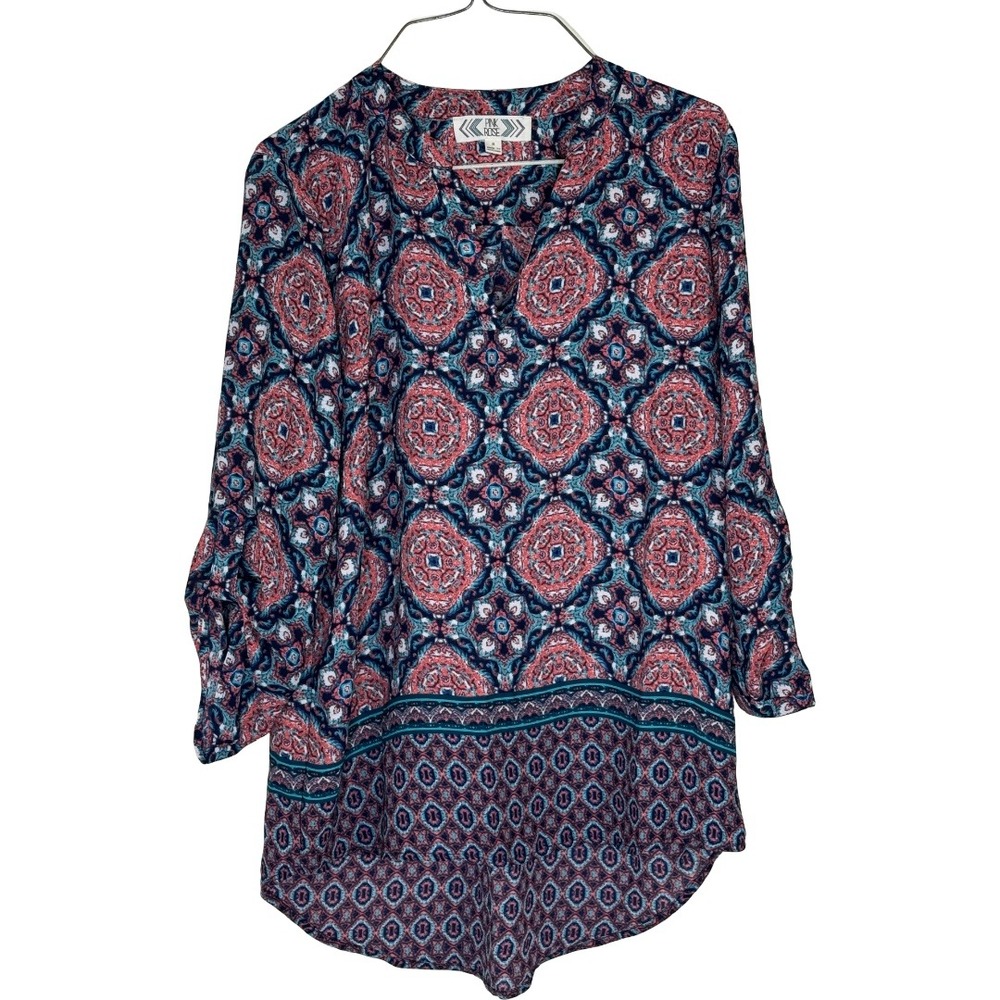 Pink Rose Blouse Women Size Small Blue Pink Medallion Print Roll Tab Sleeve Top